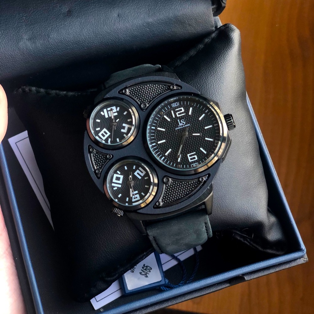 New Black Stainless Steel and Leather Men’s Watch Joshua & Sons